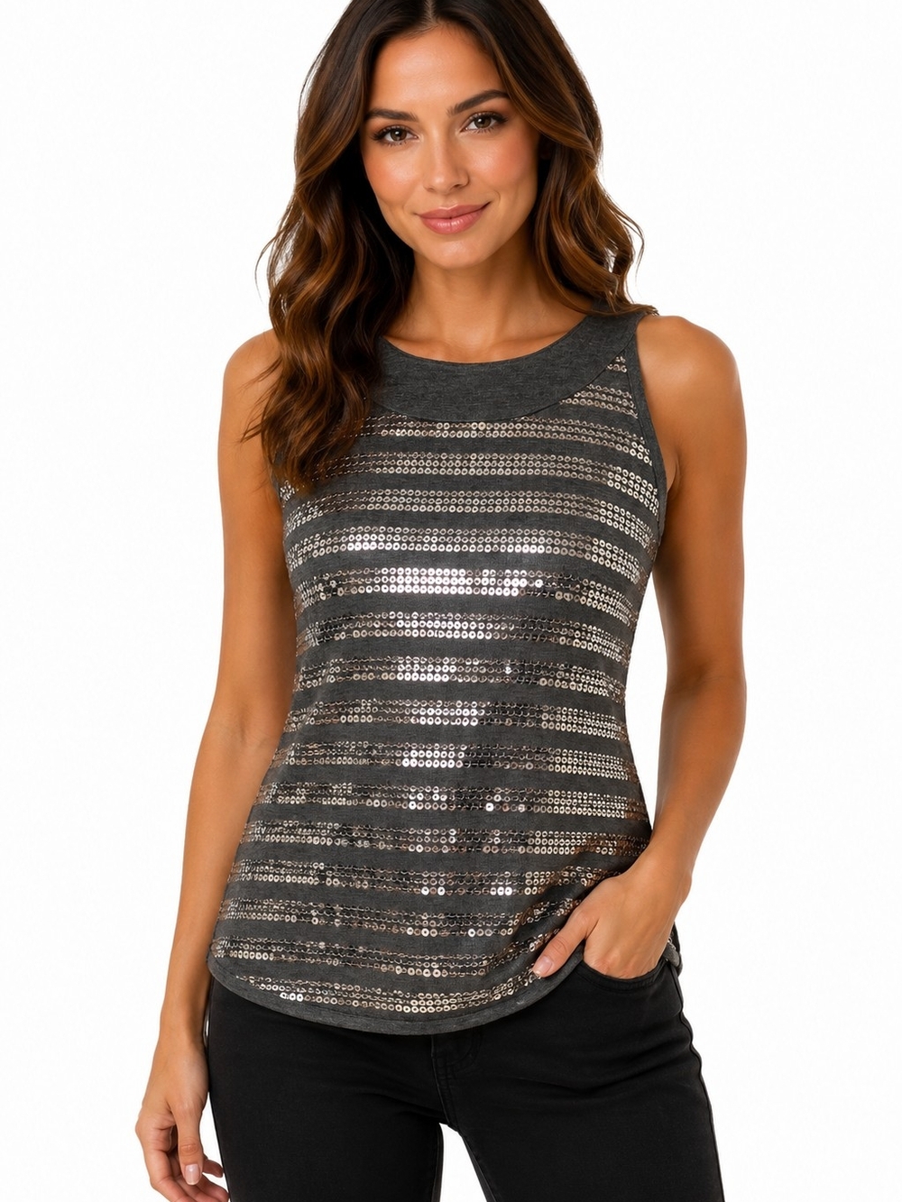 H&M Charcoal Gray Sequined Striped Tank Top